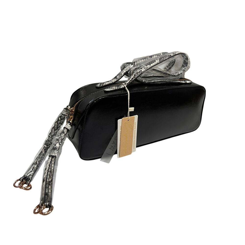 East West Baguette Style Shoulder Black Bag with Snake Print Details NWT